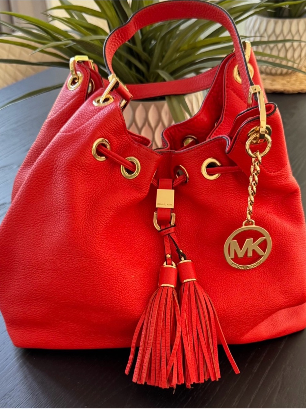 Michael Kors Red Pebbled Leather Drawstring Tassel Hobo with Gold Hardware